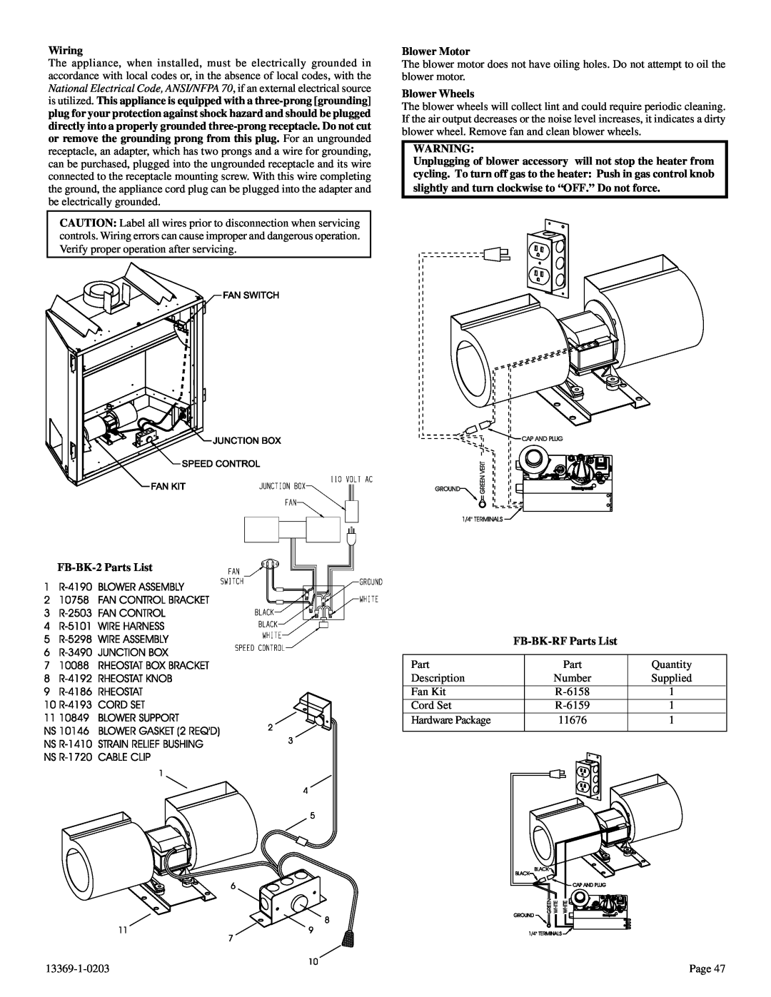 DVS 30-2 installation instructions Wiring, Blower Motor, Blower Wheels, FB-BK-2Parts List FB-BK-RFParts List 