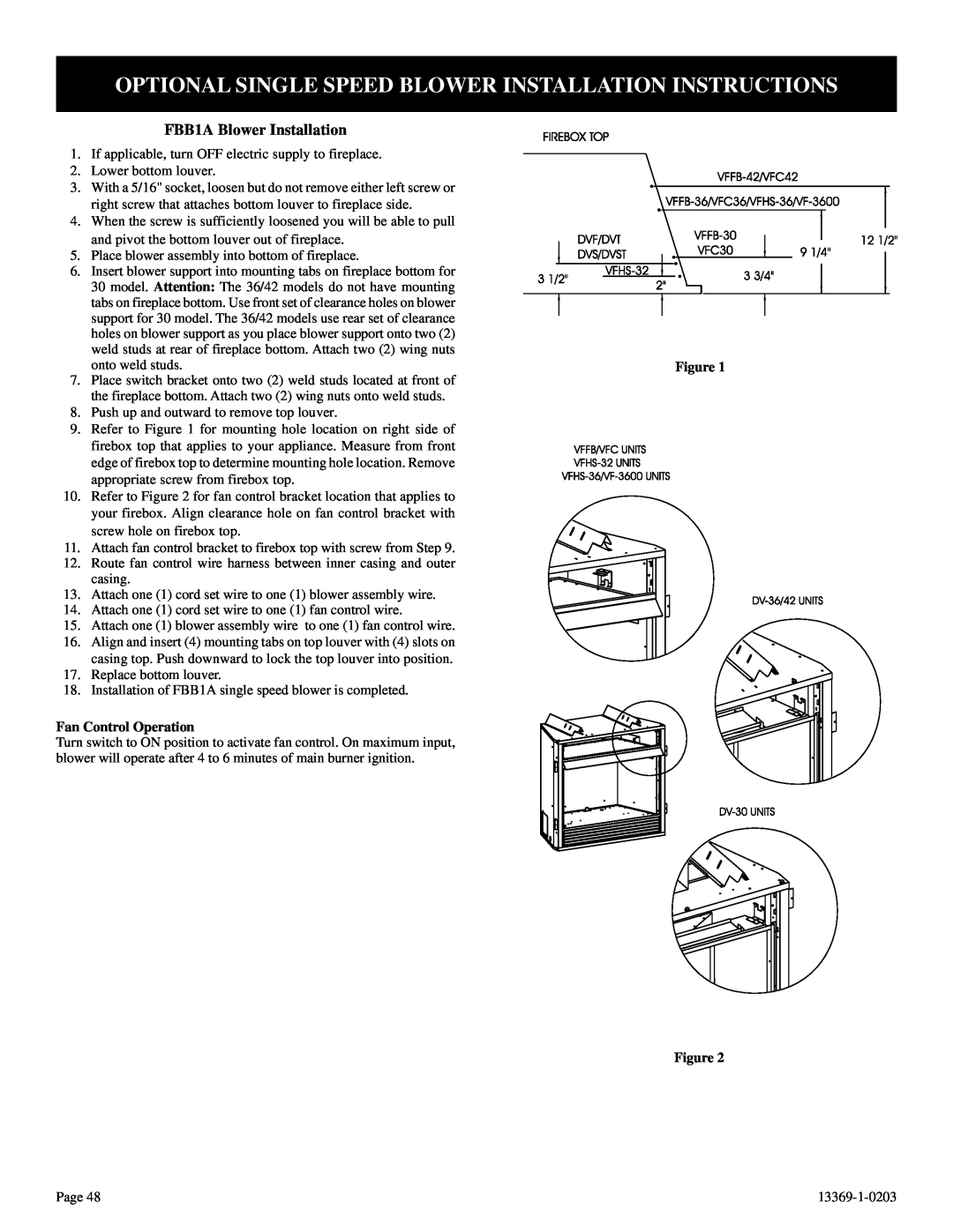 DVS 30-2 installation instructions FBB1A Blower Installation, Fan Control Operation, Figure Figure 