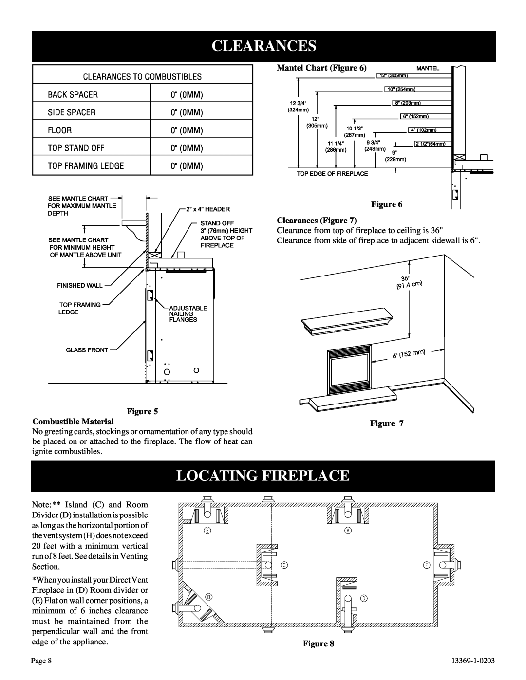 DVS 30-2 Locating Fireplace, Mantel Chart Figure, Figure Clearances Figure, Figure Combustible Material 