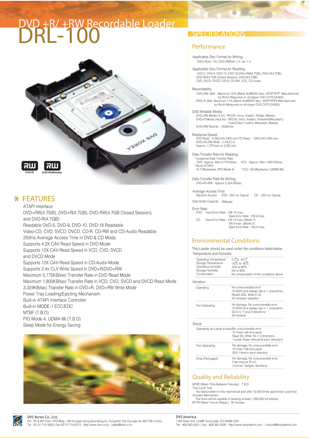 DVS DRL-100 specifications Performance, Environmental Conditions, Quality and Reliability 