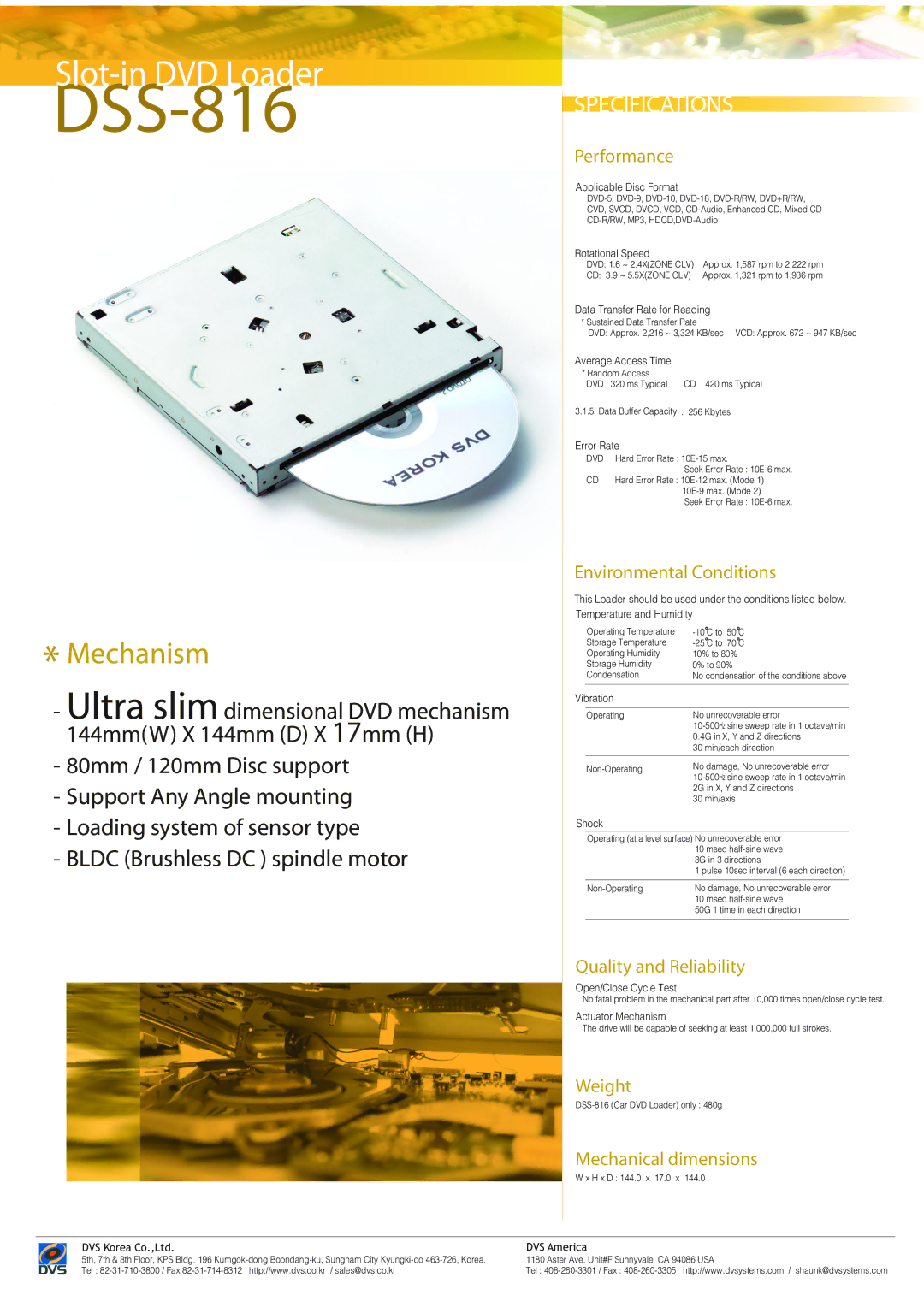 DVS DSS-816 specifications Performance, Environmental Conditions, Quality and Reliability, Weight, Mechanical dimensions 