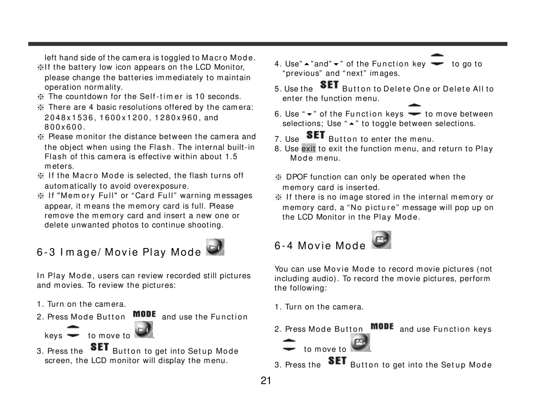 DXG Technology DXG-228 manual Image/Movie Play Mode, 2048x1536, 1600x1200, 1280x960, 800x600 