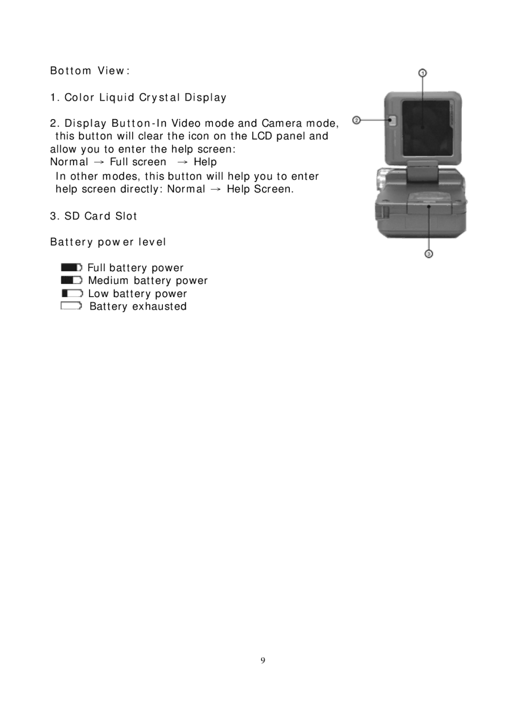 DXG Technology DXG-305VP manual Bottom View Color Liquid Crystal Display, SD Card Slot Battery power level 