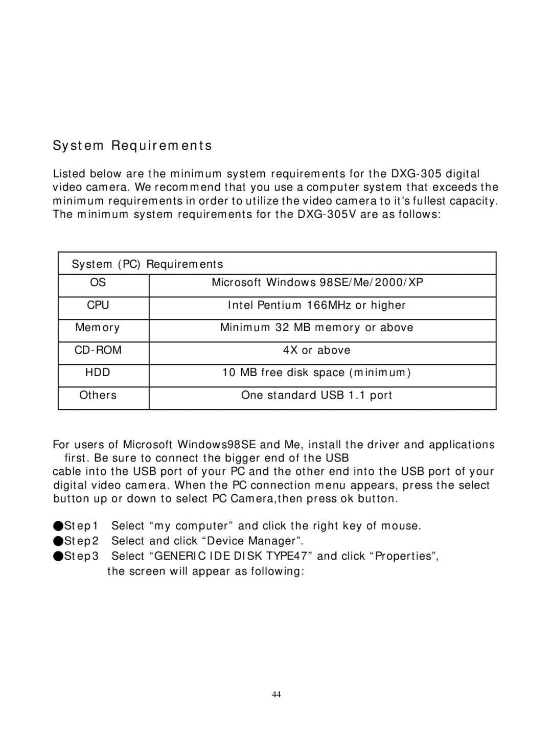 DXG Technology DXG-305VP manual System Requirements 