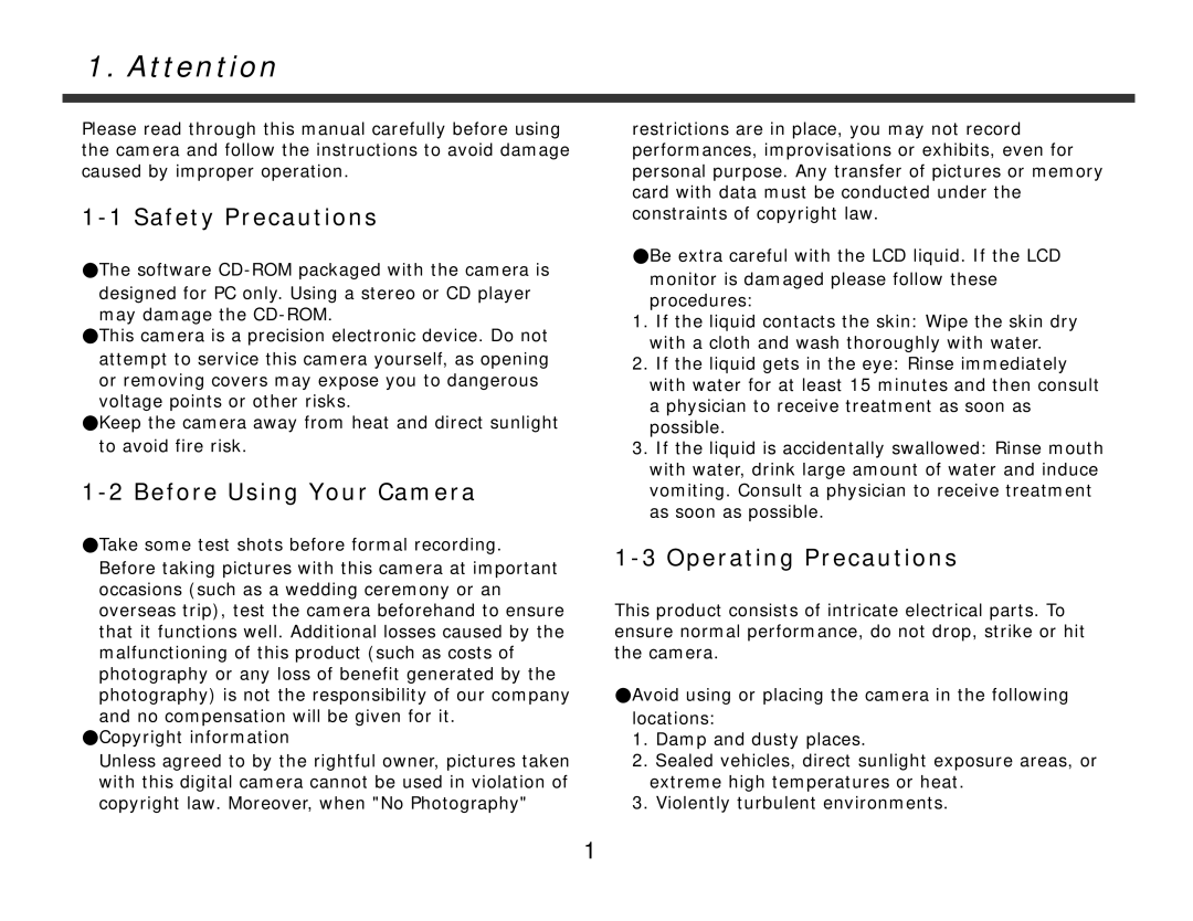 DXG Technology DXG-328 manual Safety Precautions, Before Using Your Camera, Operating Precautions 