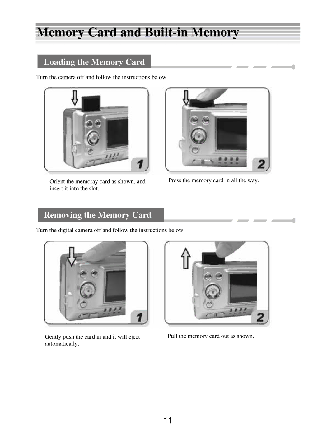 DXG Technology DXG-502 manual Memory Card and Built-in Memory, Loading the Memory Card, Removing the Memory Card 