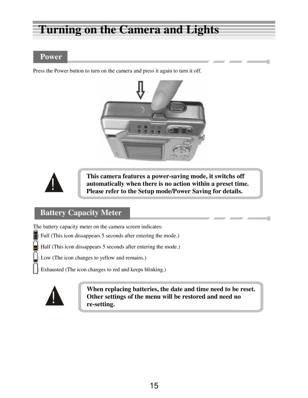 DXG Technology DXG-502 manual Turning on the Camera and Lights, Power, Battery Capacity Meter 