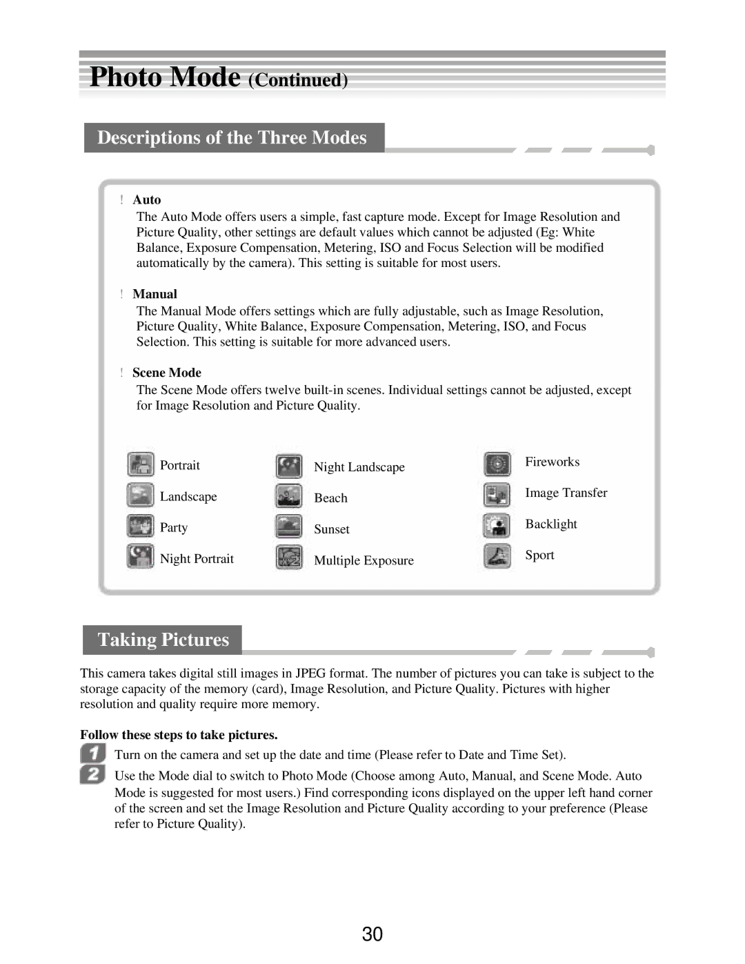 DXG Technology DXG-502 manual Descriptions of the Three Modes, Taking Pictures 