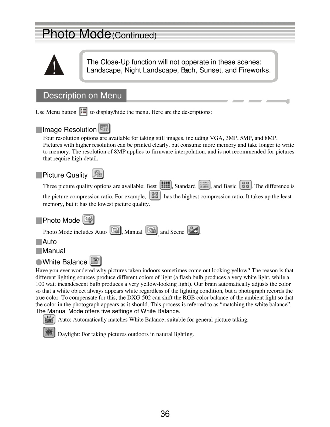 DXG Technology DXG-502 manual Description on Menu, Image Resolution, Picture Quality, Auto Manual White Balance 