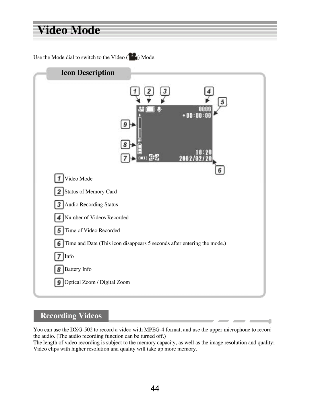 DXG Technology DXG-502 manual Video Mode, Recording Videos 