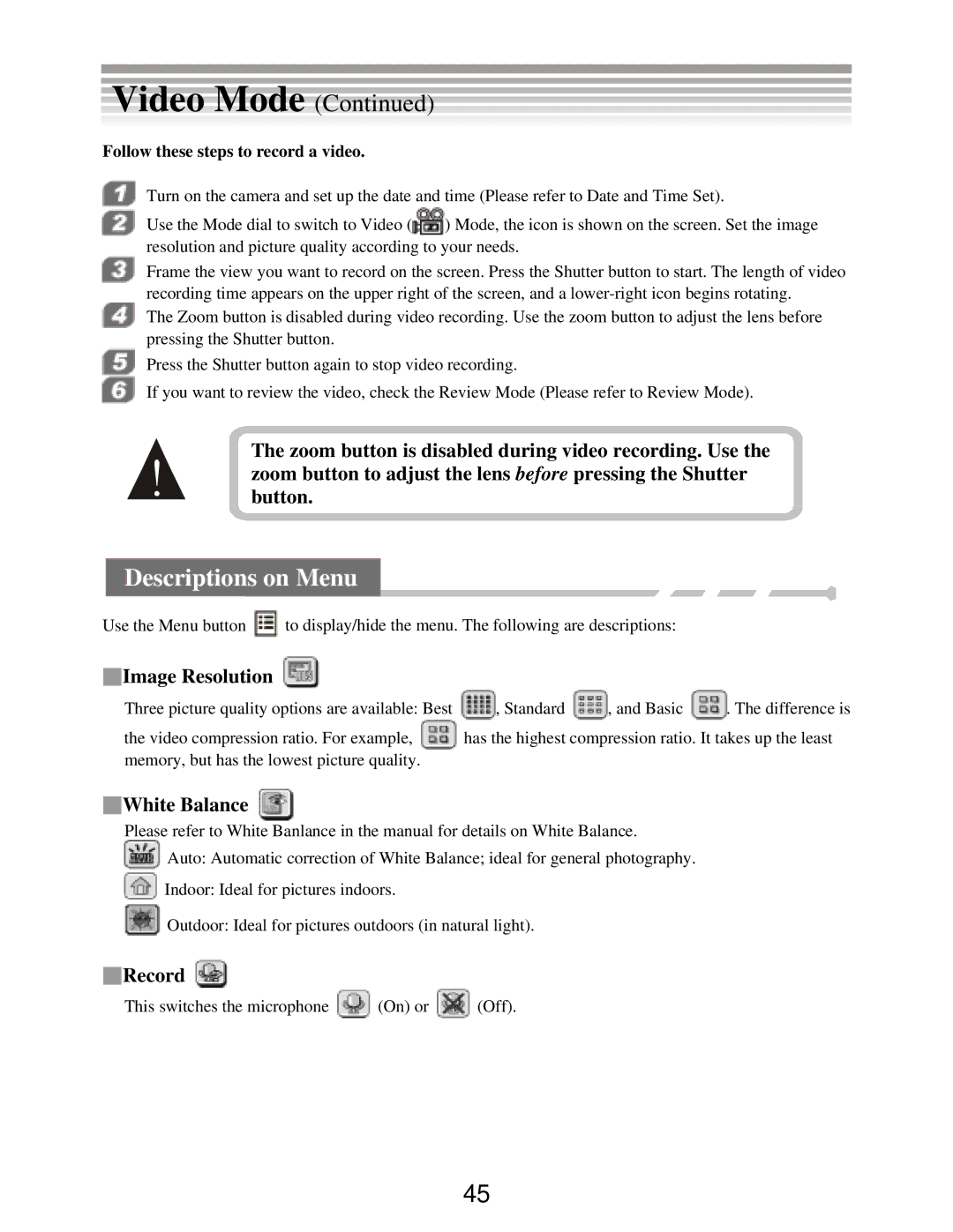 DXG Technology DXG-502 manual Descriptions on Menu, Record, Follow these steps to record a video 