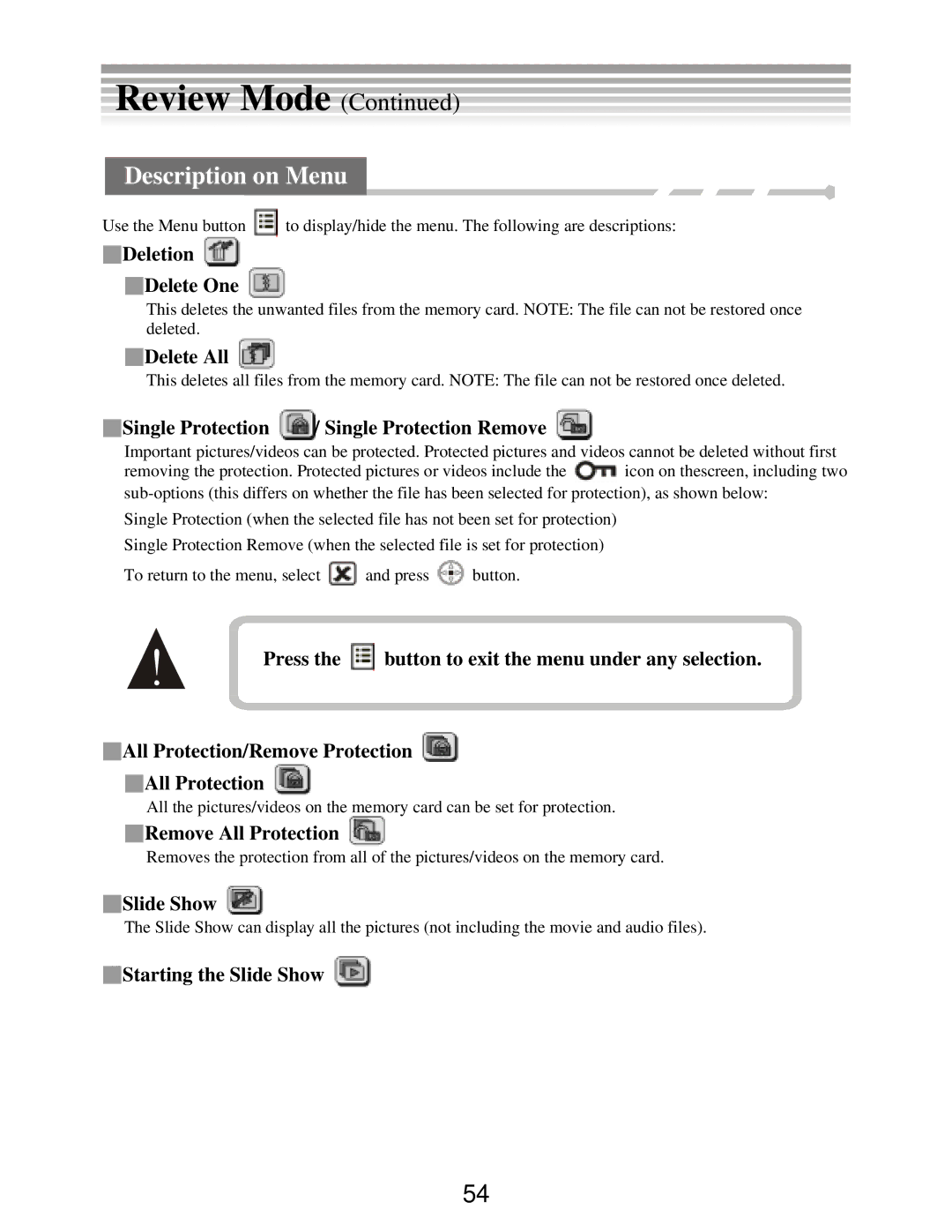 DXG Technology DXG-502 manual Deletion Delete One, Delete All, Single Protection / Single Protection Remove, Slide Show 