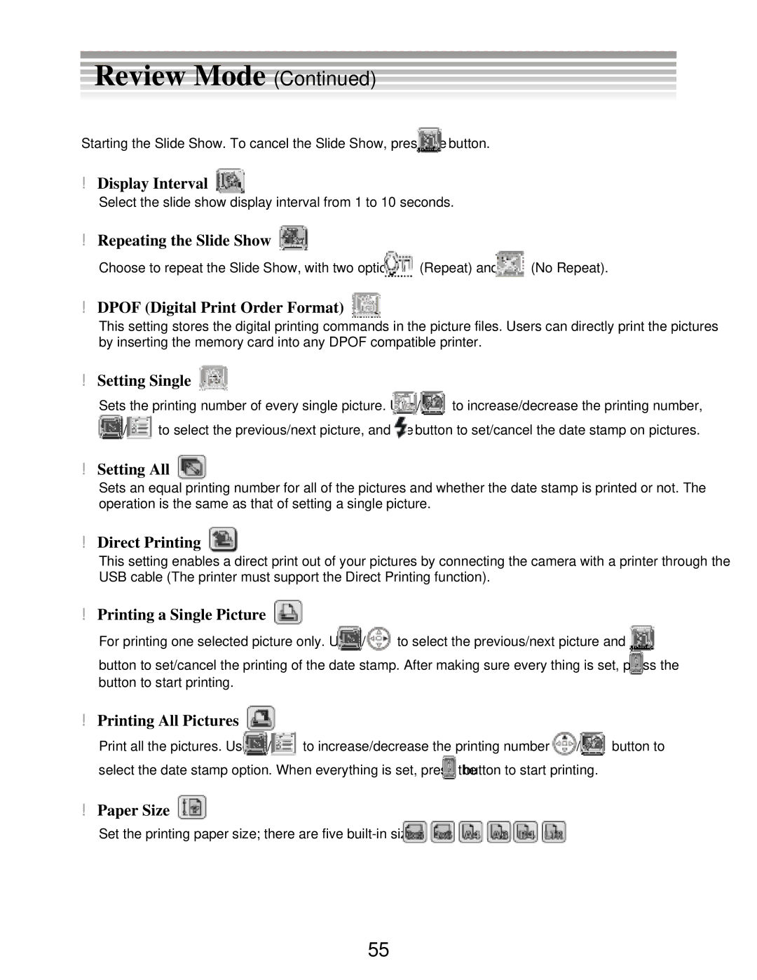 DXG Technology DXG-502 manual Display Interval, Repeating the Slide Show, Dpof Digital Print Order Format, Setting Single 