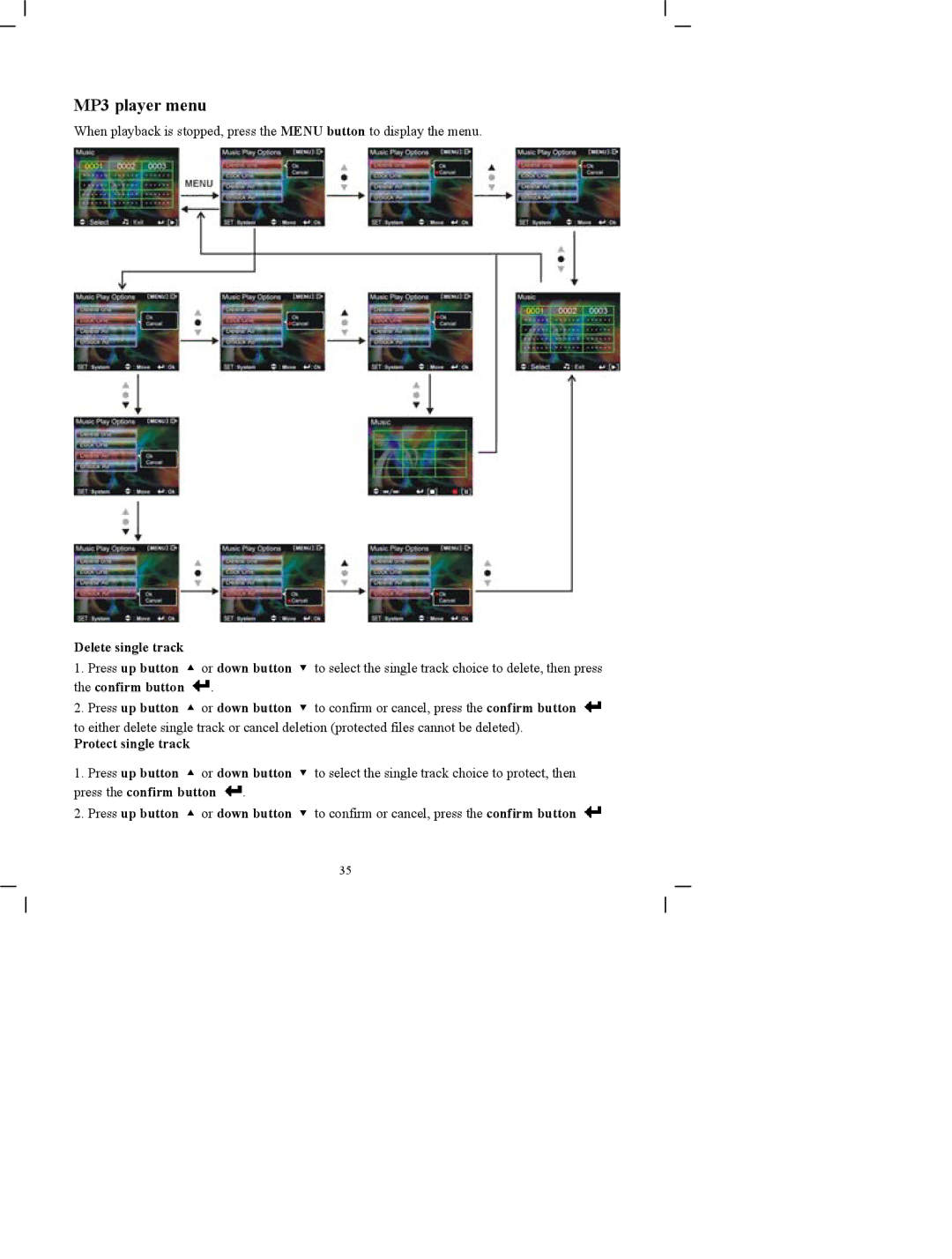 DXG Technology DXG-505V manual MP3 player menu, Delete single track, Protect single track 