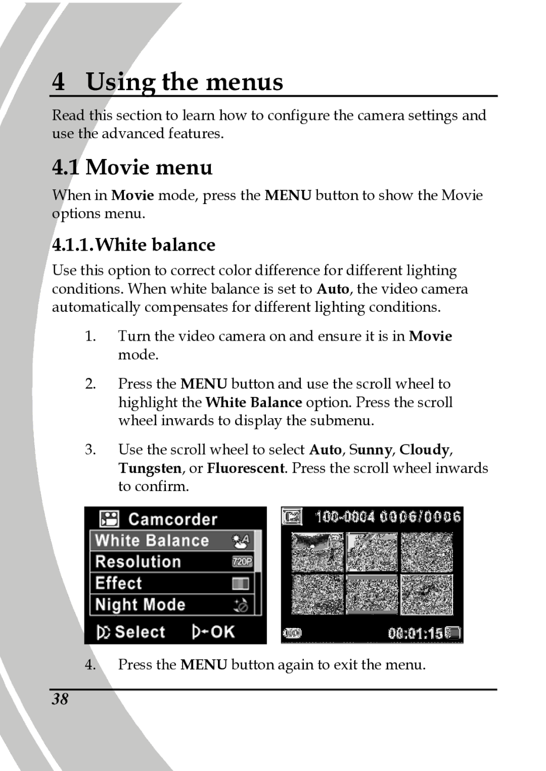 DXG Technology DXG-517V HD manual Movie menu, White balance 