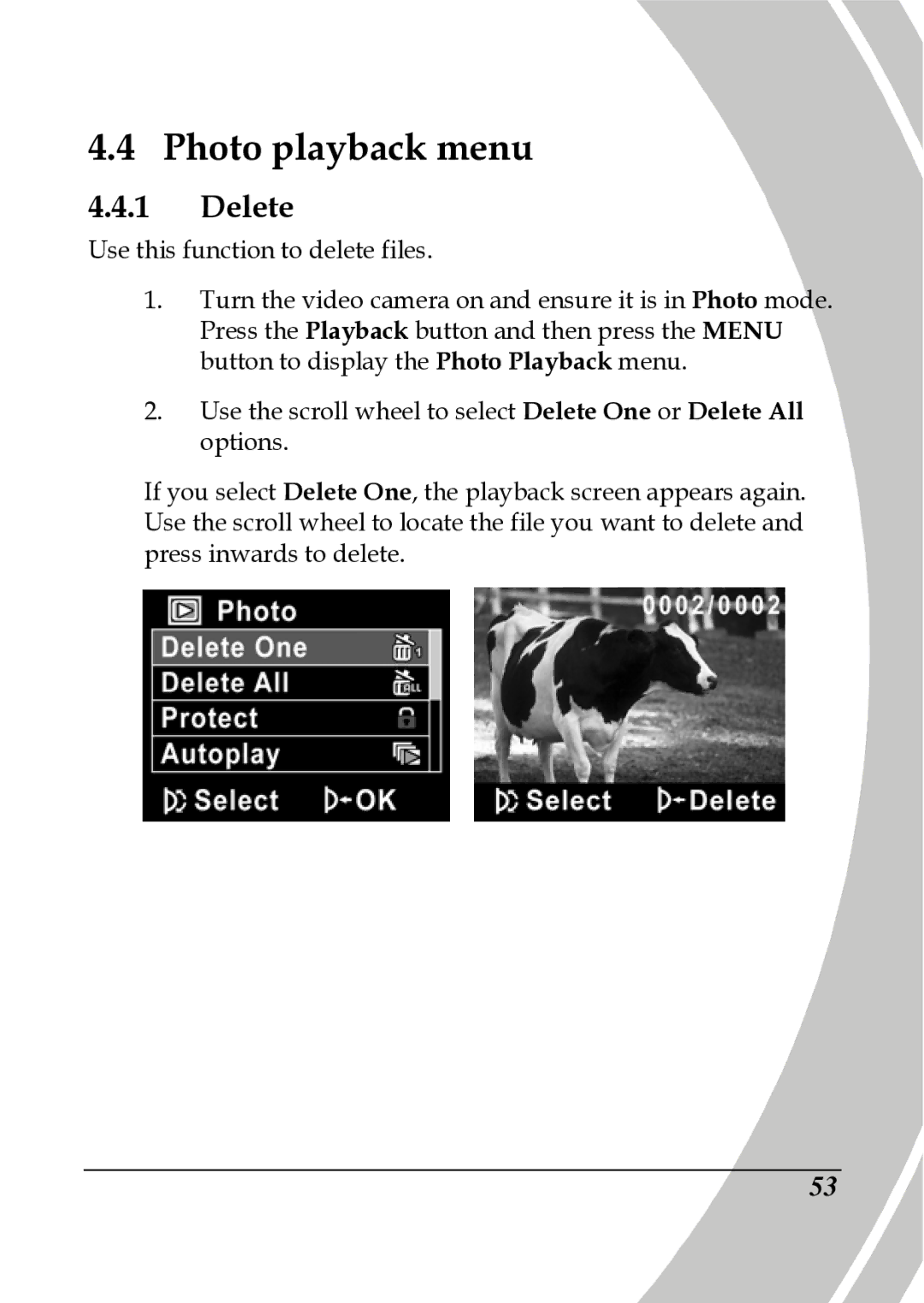 DXG Technology DXG-517V HD manual Photo playback menu, Delete 