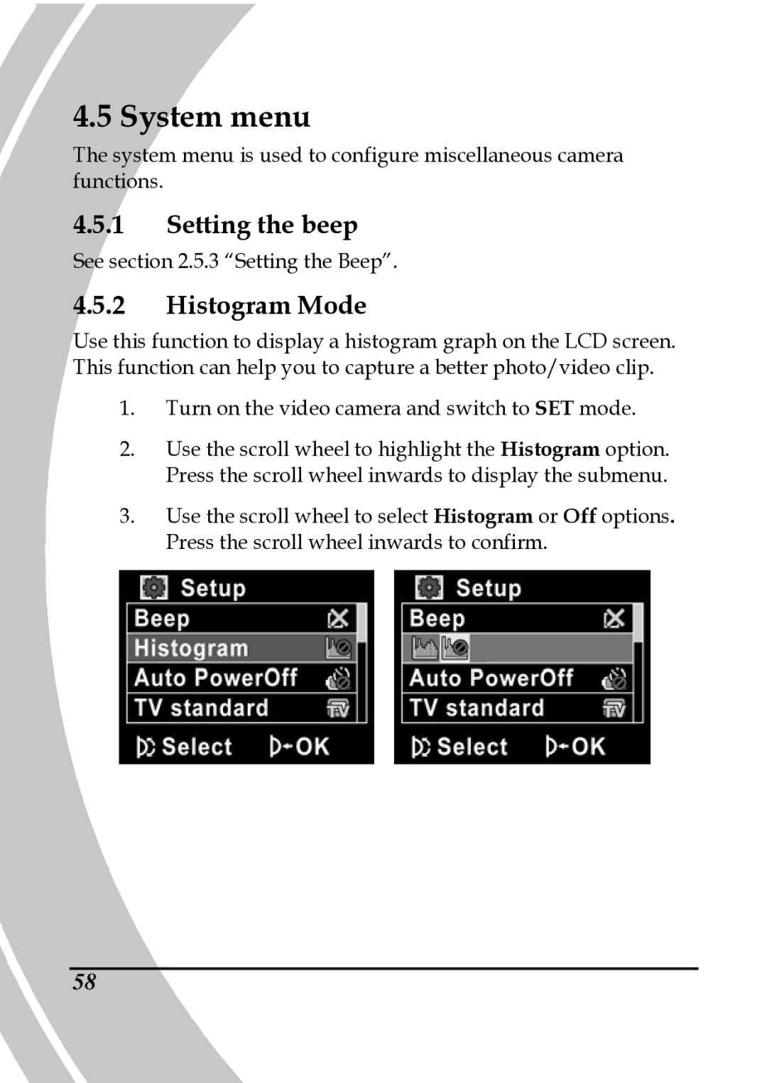 DXG Technology DXG-517V HD manual System menu, Histogram Mode 