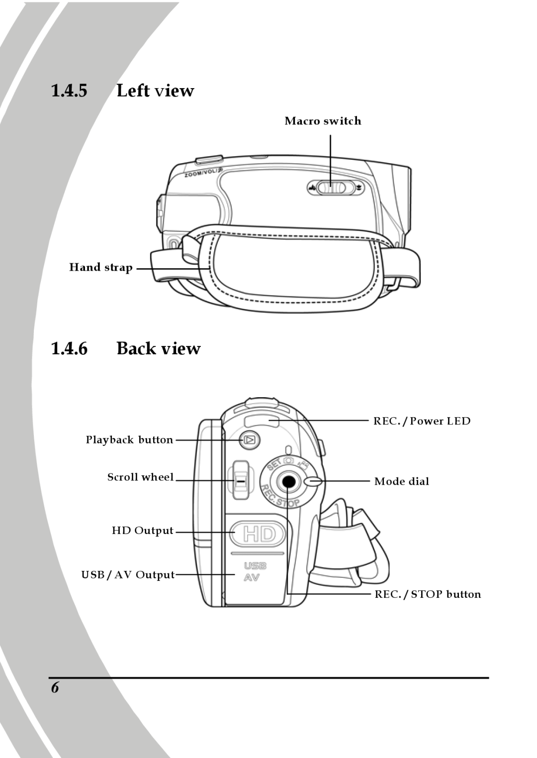 DXG Technology DXG-517V HD Left view, Back view, Hand strap, Macro switch, REC. / Power LED Mode dial REC. / STOP button 