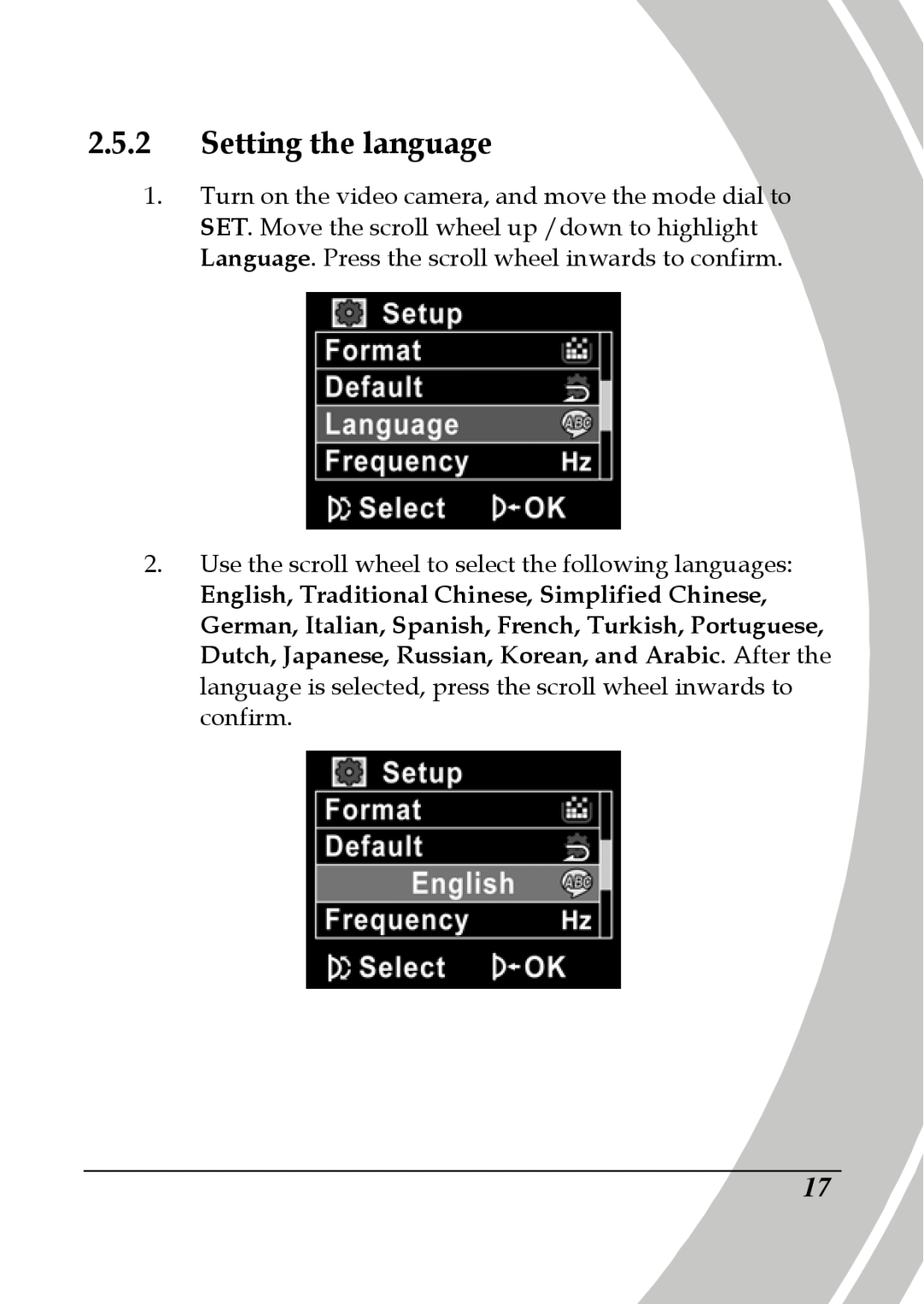 DXG Technology DXG-517V HD manual Setting the language, Use the scroll wheel to select the following languages 