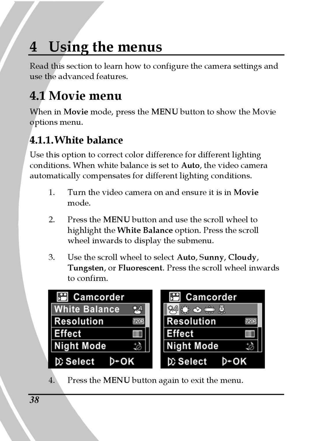 DXG Technology DXG-517V HD manual Using the menus, Movie menu, White balance 