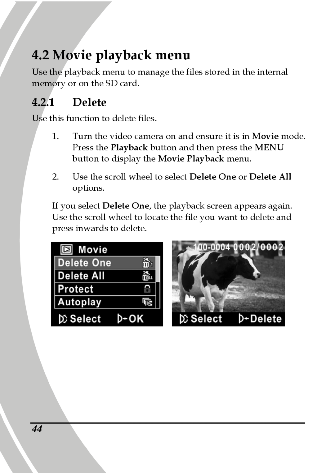 DXG Technology DXG-517V HD manual Movie playback menu, Delete 