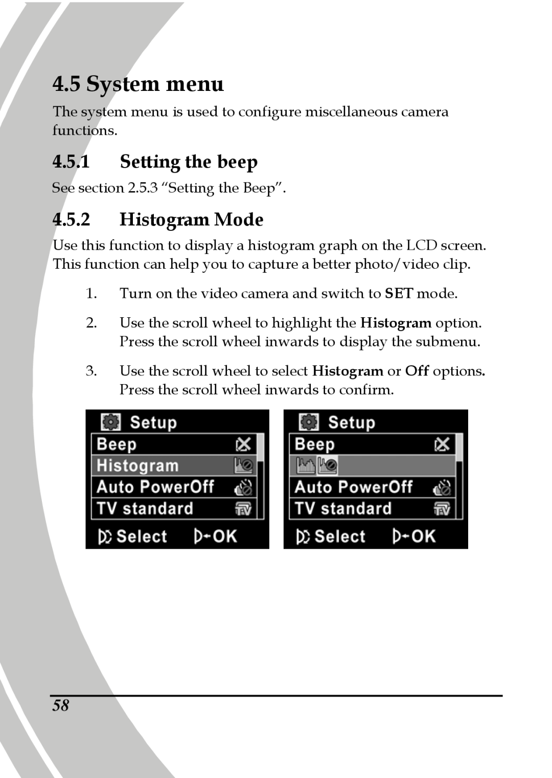 DXG Technology DXG-517V HD manual System menu, Setting the beep, Histogram Mode 
