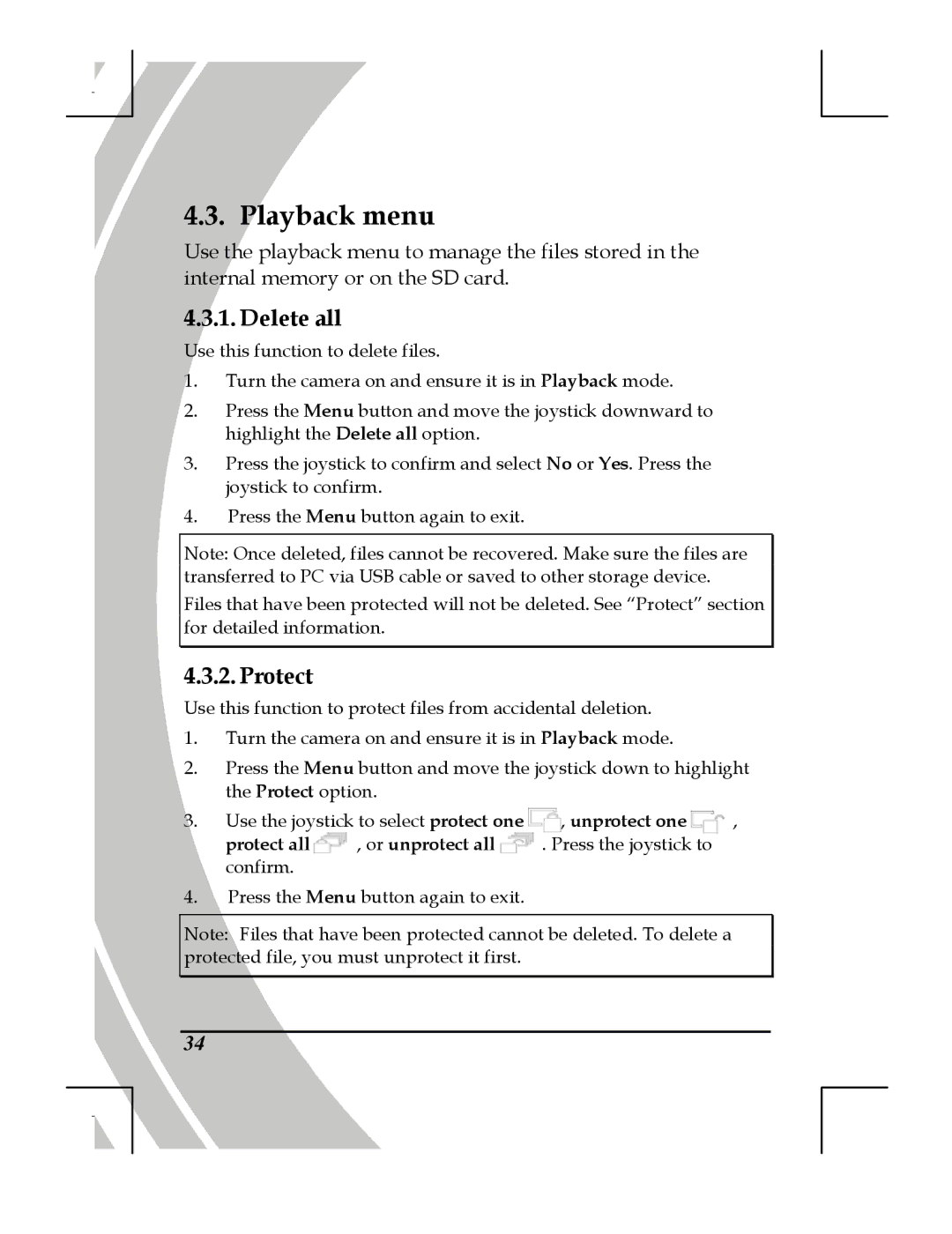 DXG Technology DXG-518 manual Playback menu, Delete all, Protect 