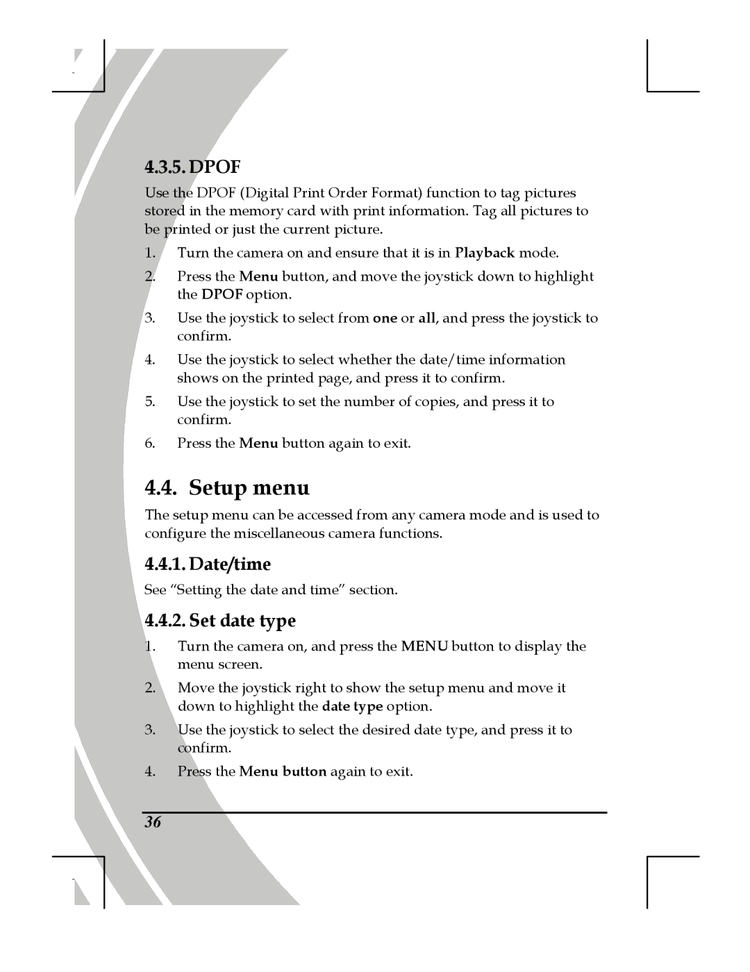 DXG Technology DXG-518 manual Setup menu, Dpof, Date/time, Set date type 