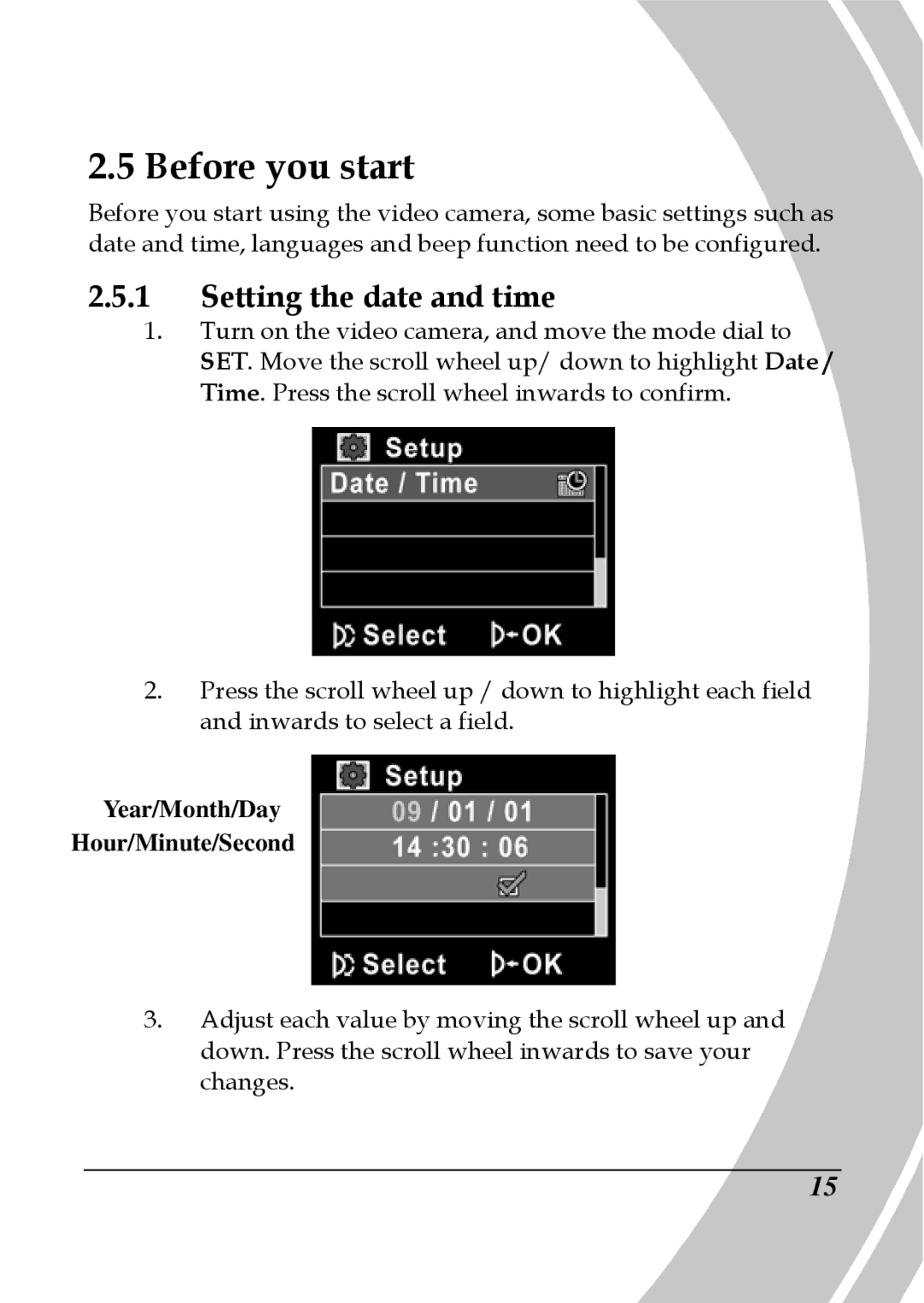 DXG Technology DXG-535V, DXG-533V manual Setting the date and time, Year/Month/Day Hour/Minute/Second 