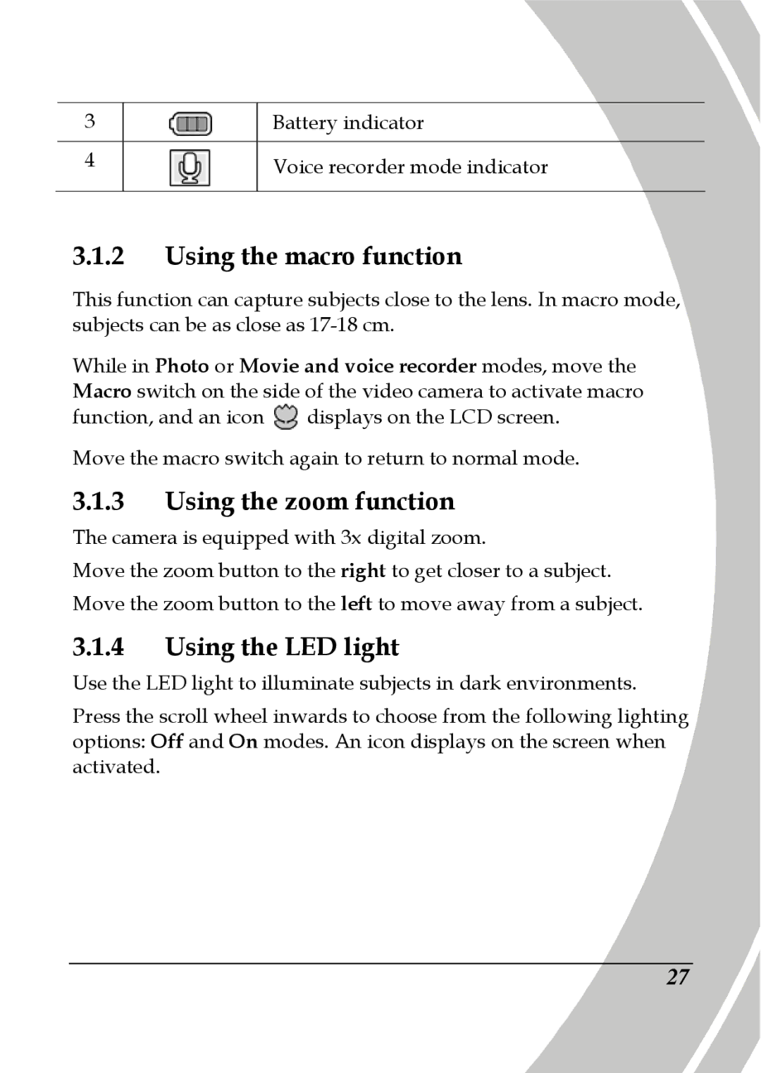 DXG Technology DXG-535V, DXG-533V manual Using the macro function, Using the zoom function, Using the LED light 