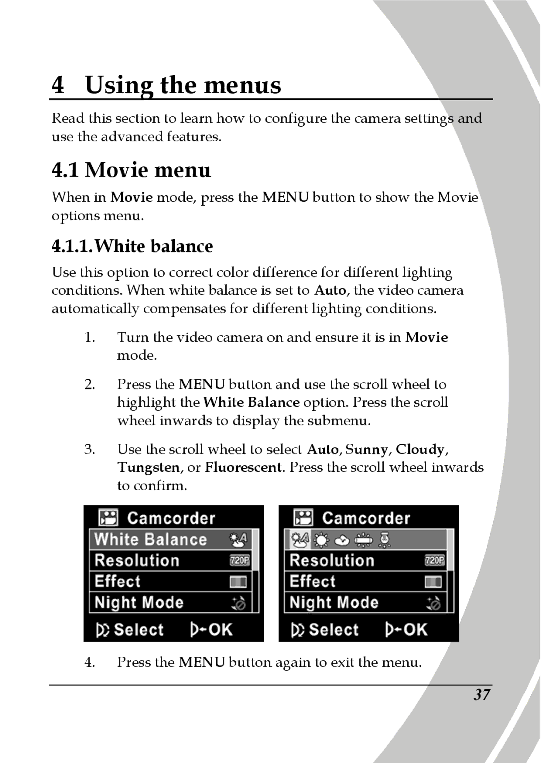 DXG Technology DXG-535V, DXG-533V manual Movie menu, White balance 