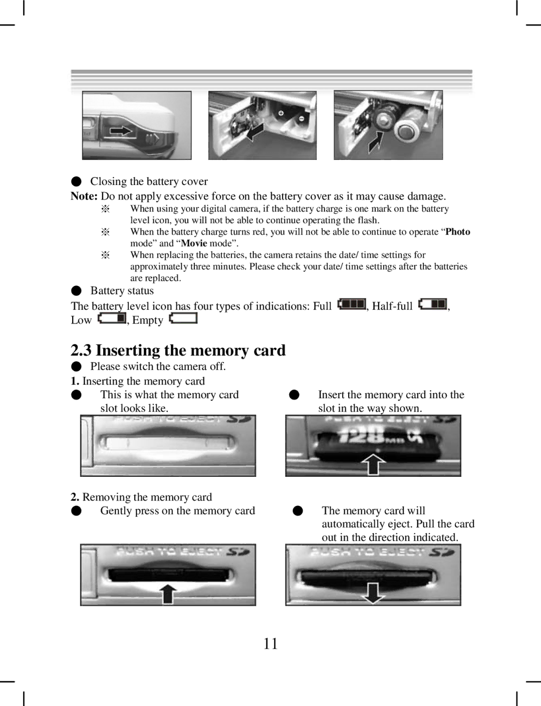 DXG Technology DXG-538 manual Inserting the memory card, Closing the battery cover 