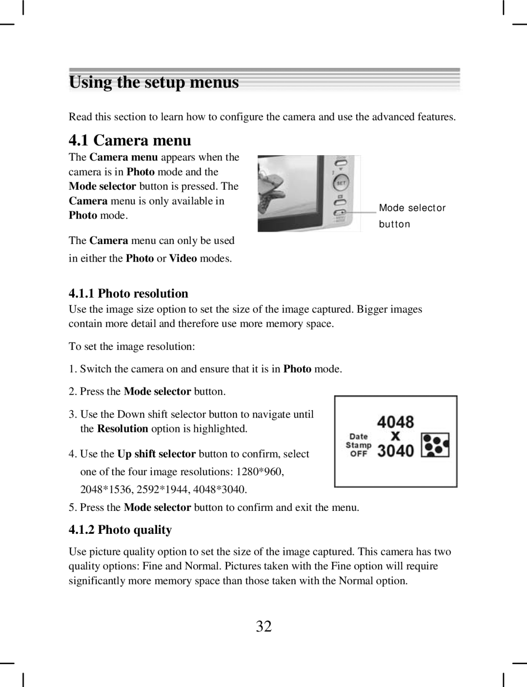 DXG Technology DXG-538 manual Camera menu, Photo resolution, Photo quality 