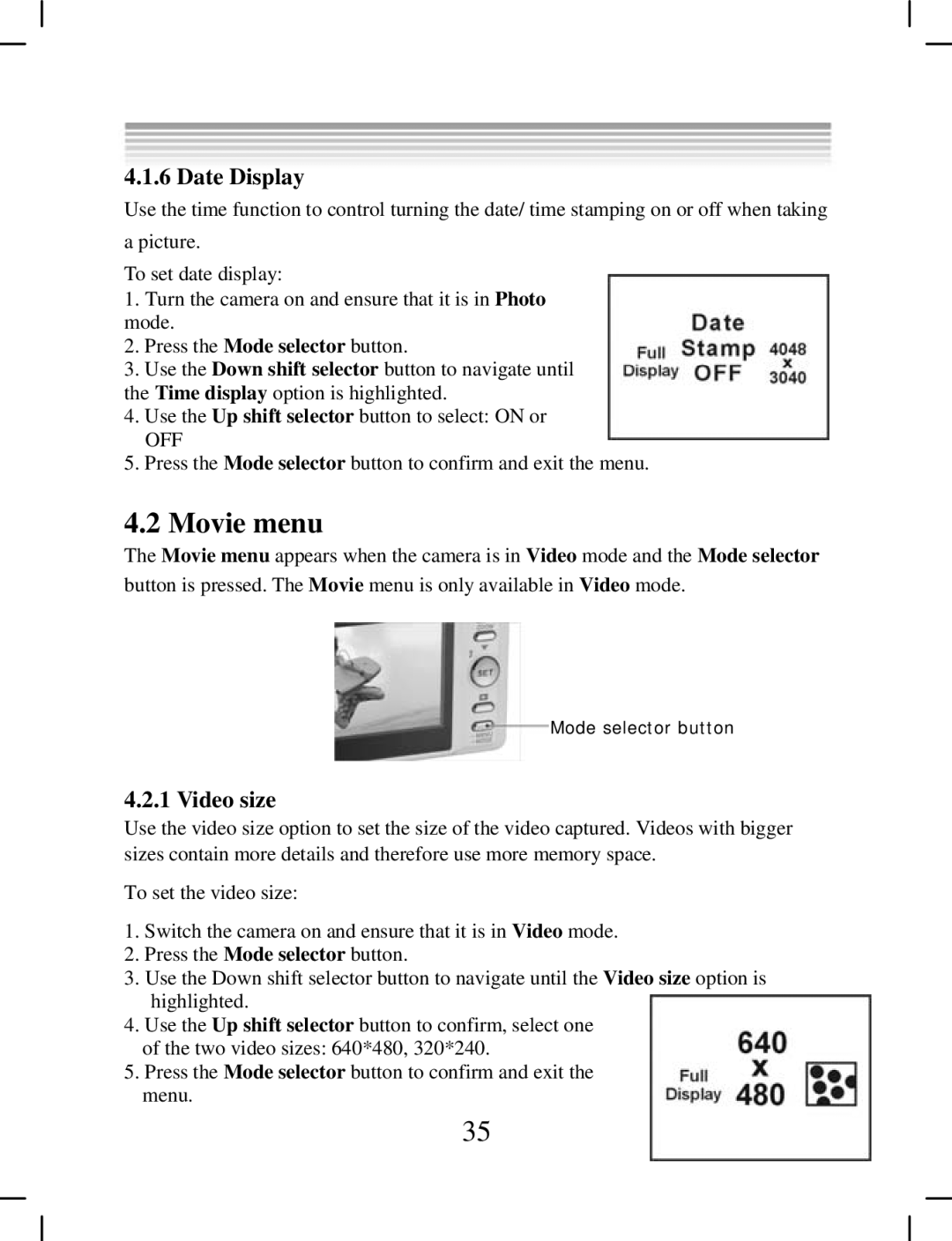 DXG Technology DXG-538 manual Movie menu, Date Display, Video size 