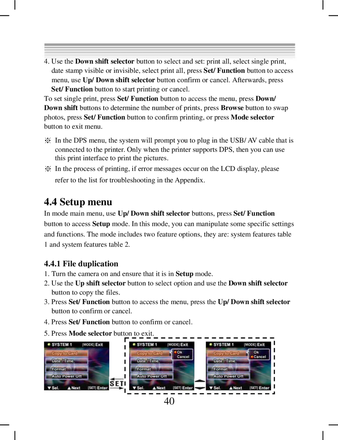 DXG Technology DXG-538 manual Setup menu, File duplication 