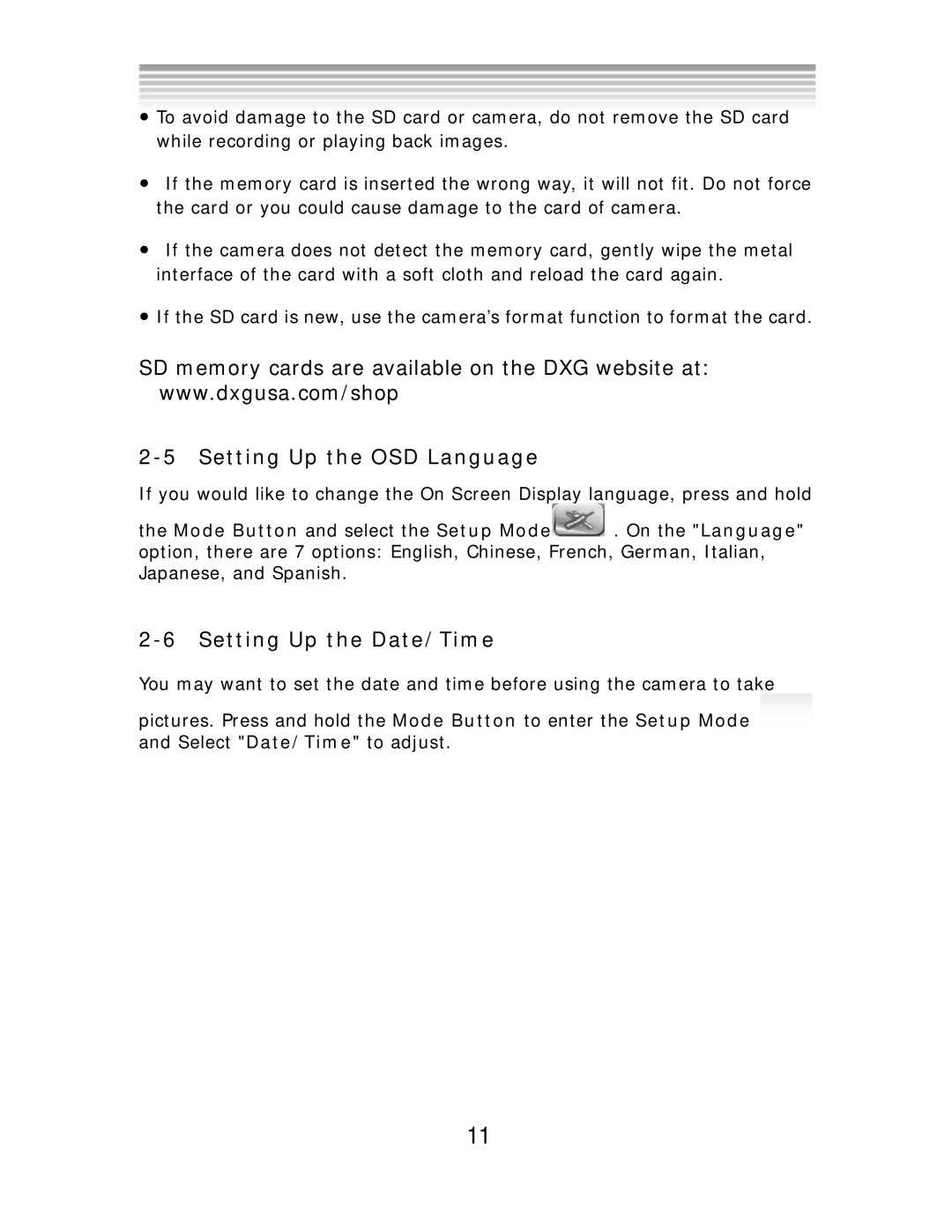 DXG Technology DXG 552 manual Setting Up the OSD Language, Setting Up the Date/Time 