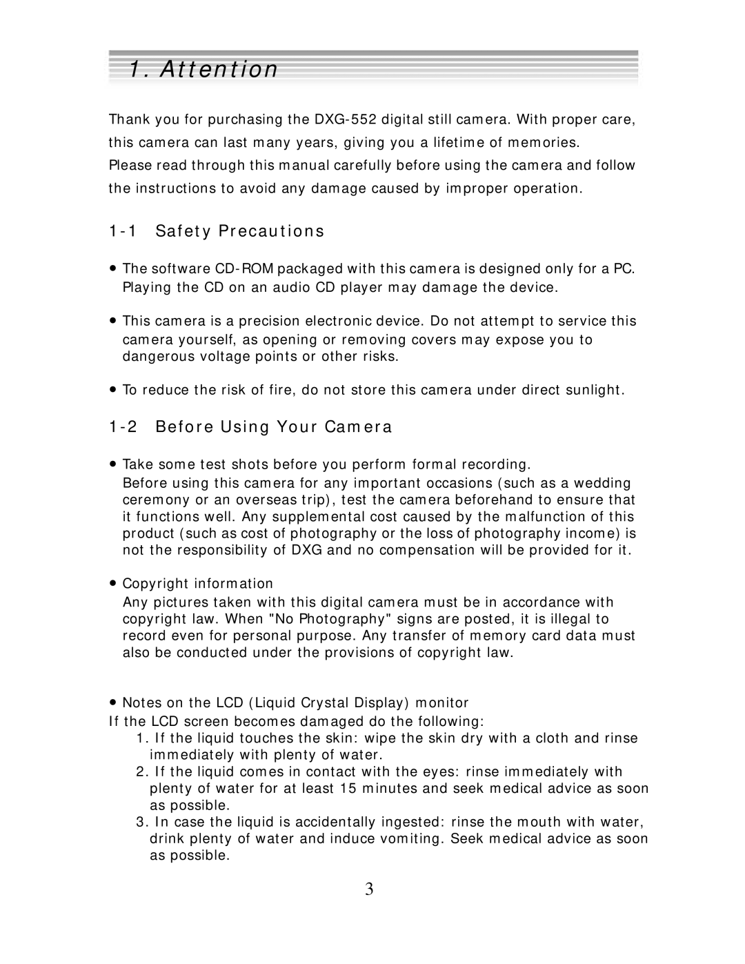 DXG Technology DXG 552 manual Safety Precautions, Before Using Your Camera 