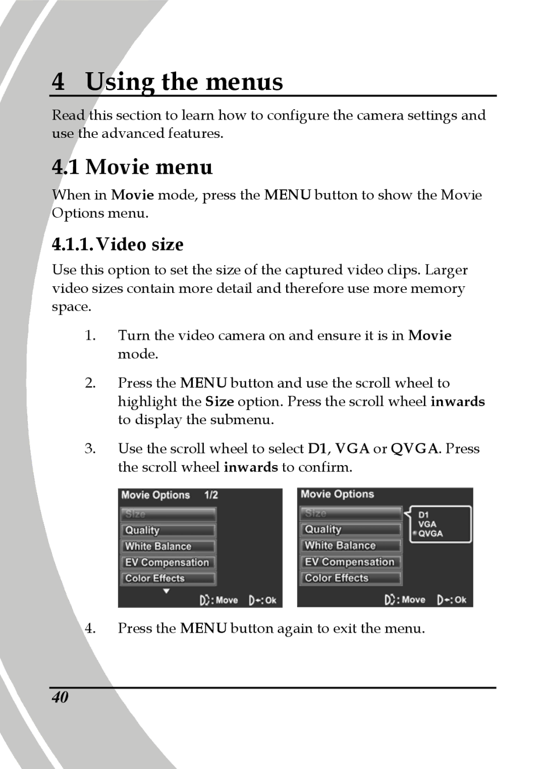 DXG Technology DXG-565V manual Movie menu, Video size 