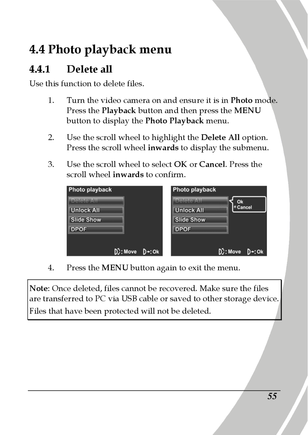 DXG Technology DXG-565V manual Photo playback menu, Delete all 