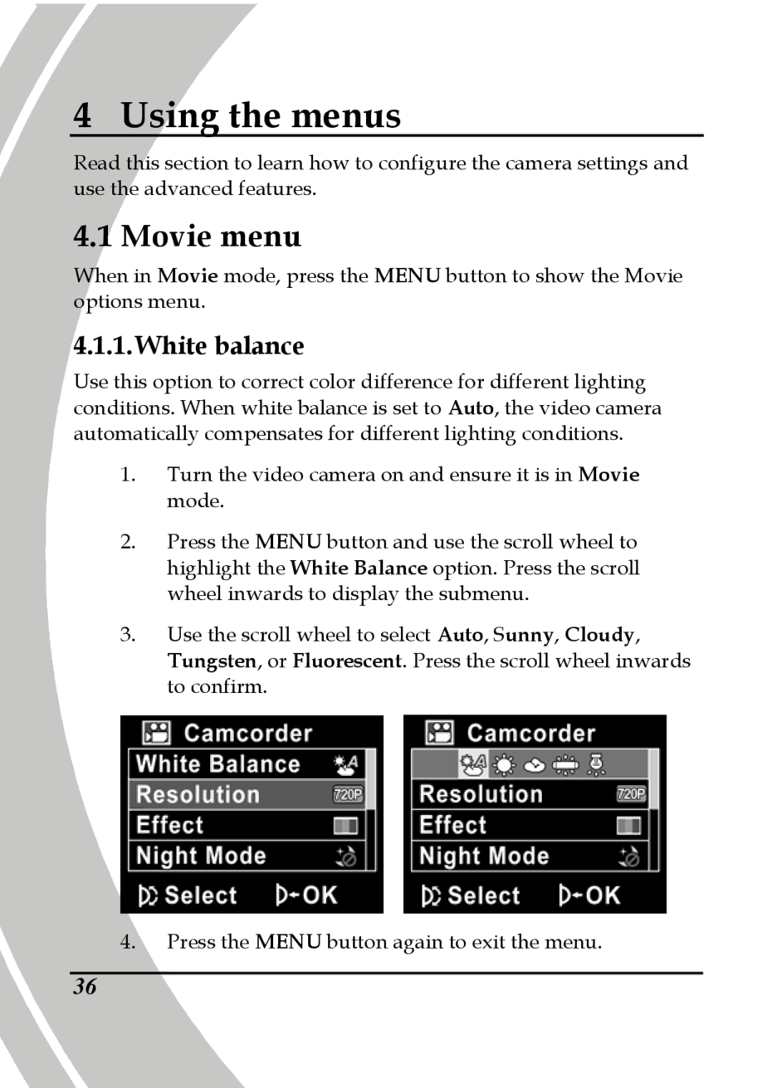 DXG Technology DXG-580V HD manual Movie menu, White balance 