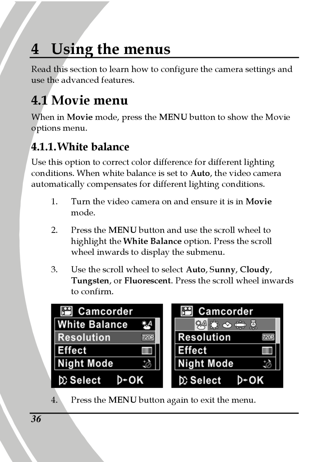 DXG Technology DXG-580V HD manual Using the menus, Movie menu, White balance 