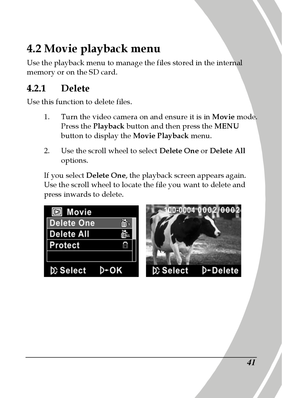 DXG Technology DXG-580V HD manual Movie playback menu, Delete 