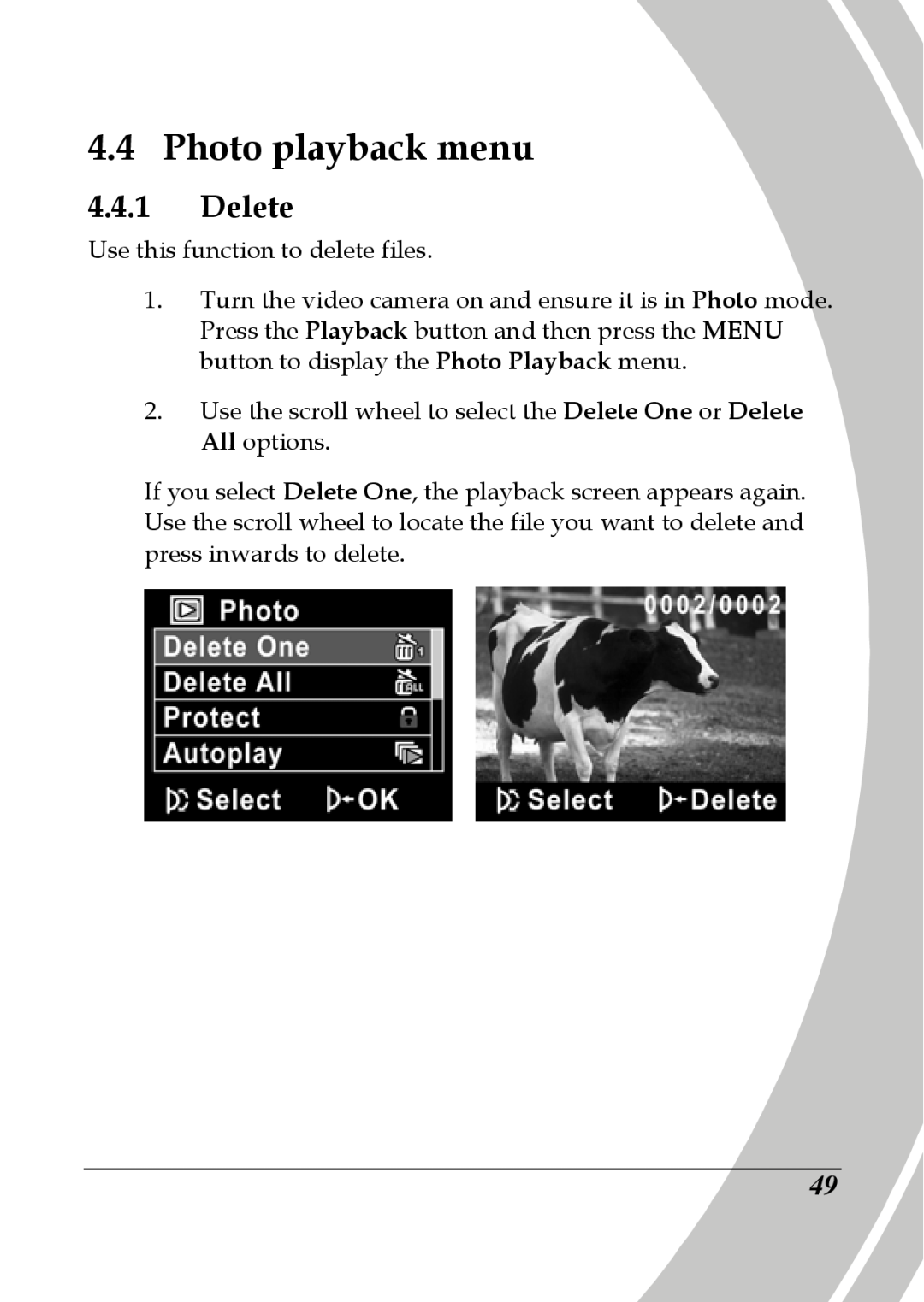 DXG Technology DXG-580V HD manual Photo playback menu, Delete 