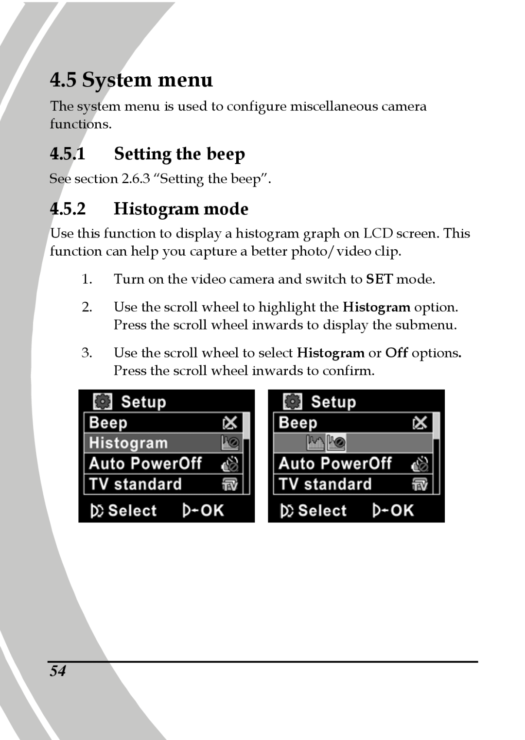 DXG Technology DXG-580V HD manual System menu, Setting the beep, Histogram mode 