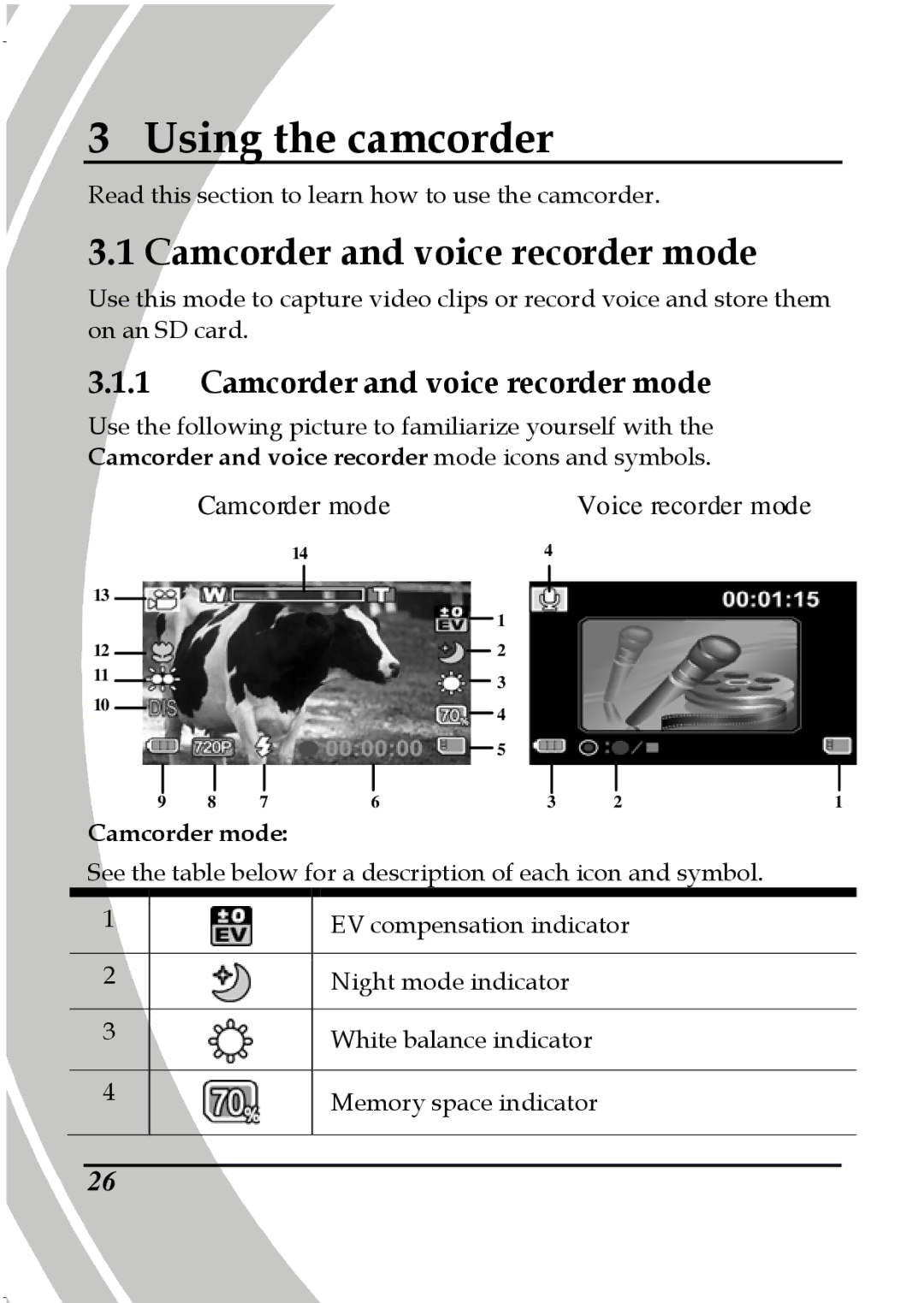 DXG Technology DXG-587V HD manual Camcorder and voice recorder mode 