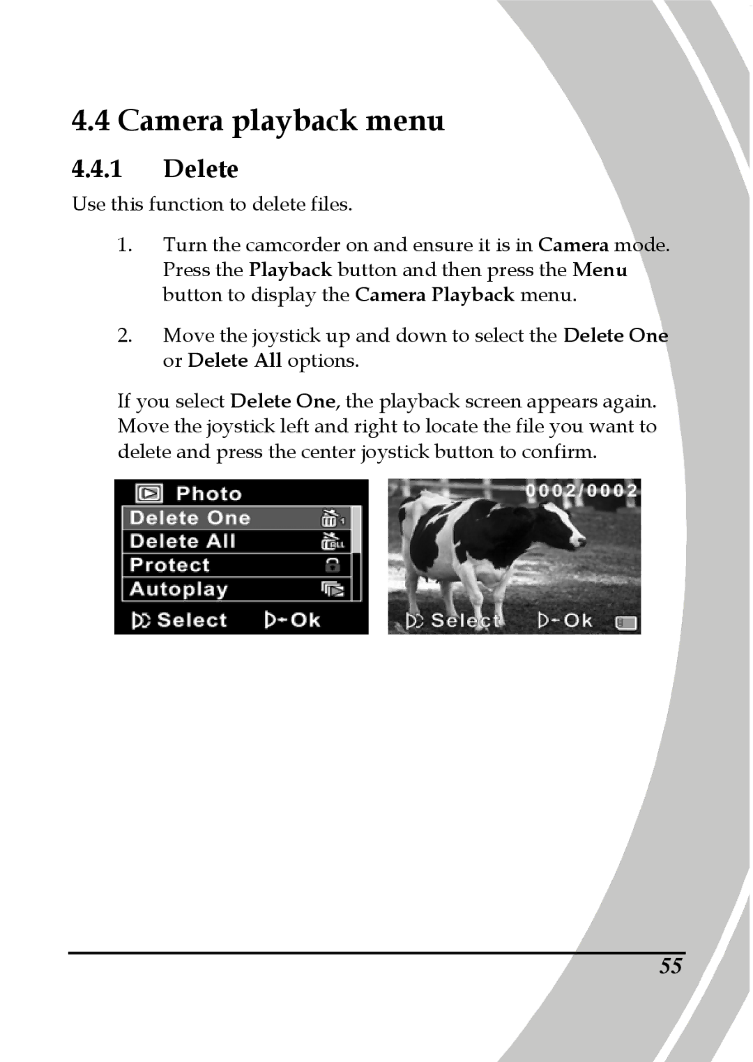 DXG Technology DXG-587V HD manual Camera playback menu, Delete 