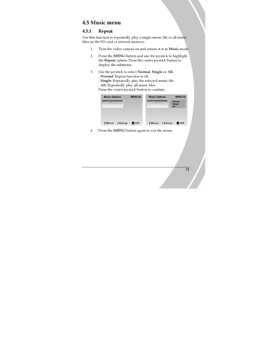 DXG Technology DXG-589V manual Music menu, Repeat 