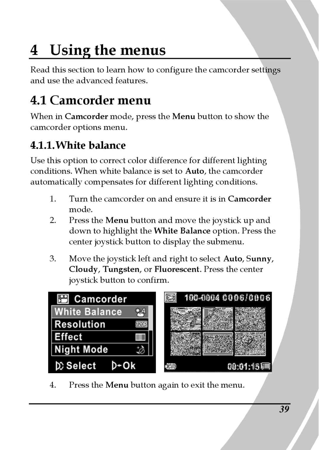 DXG Technology DXG-595V manual Camcorder menu, White balance 