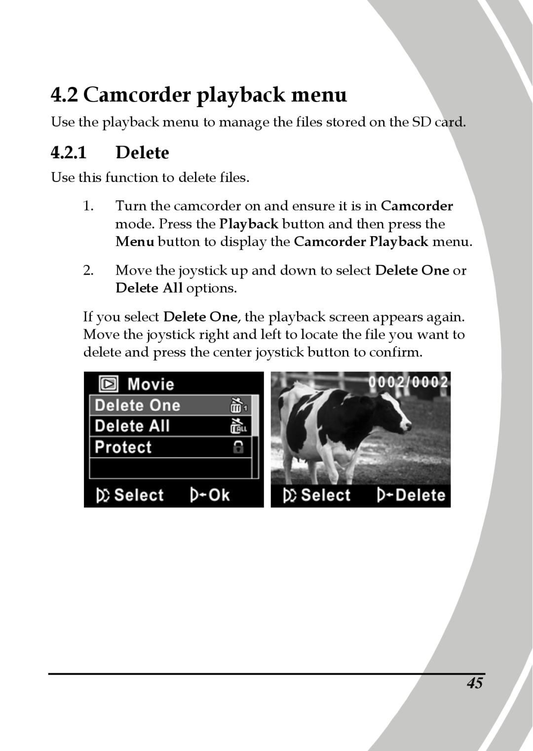 DXG Technology DXG-595V manual Camcorder playback menu, Delete 