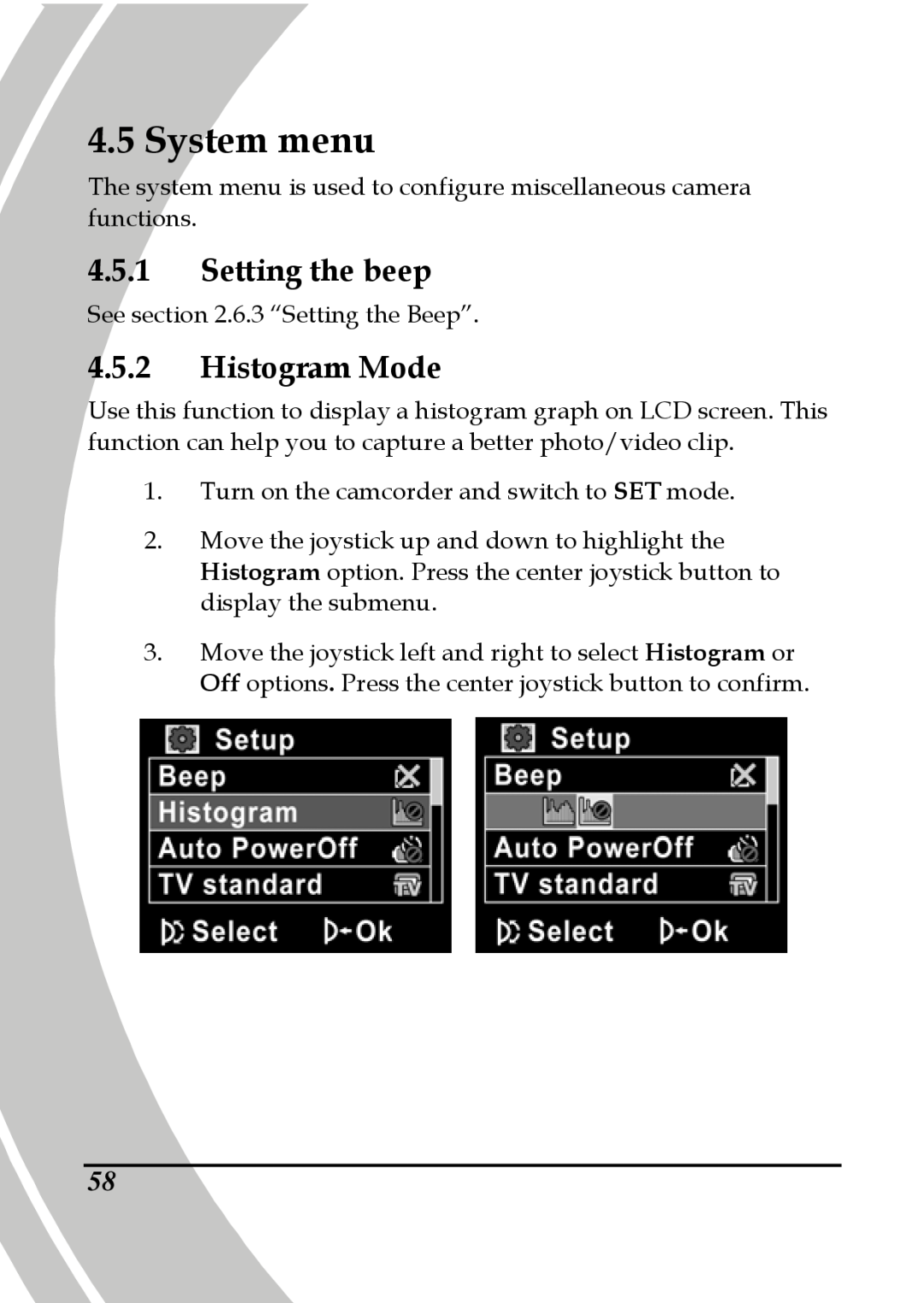 DXG Technology DXG-595V manual System menu, Setting the beep, Histogram Mode 